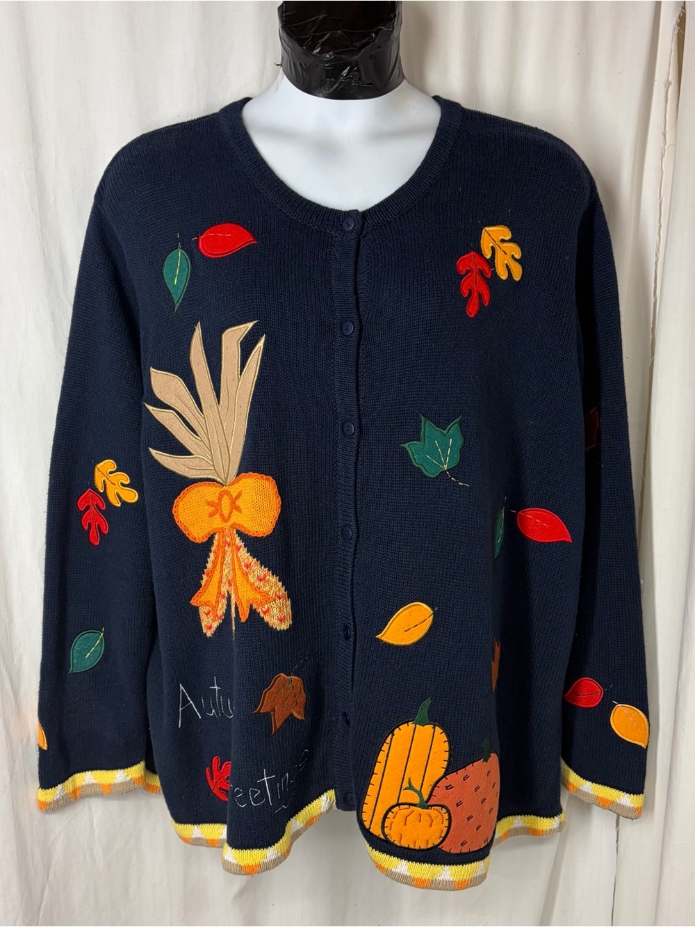 Quacker Factory 3x Fall Thanksgiving Embroidered Felt Cardigan Sweater Vintage